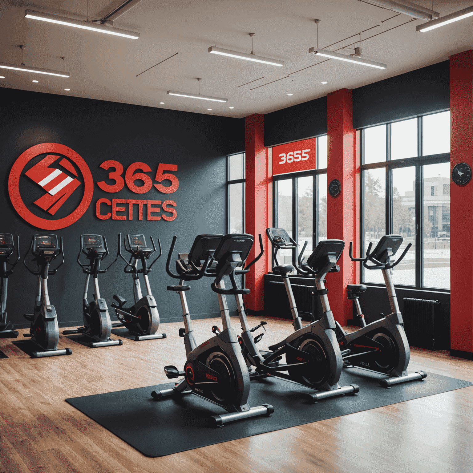 Moderné fitness centrum s červeným logom 365 na stene, ľudia cvičia na rôznych strojoch