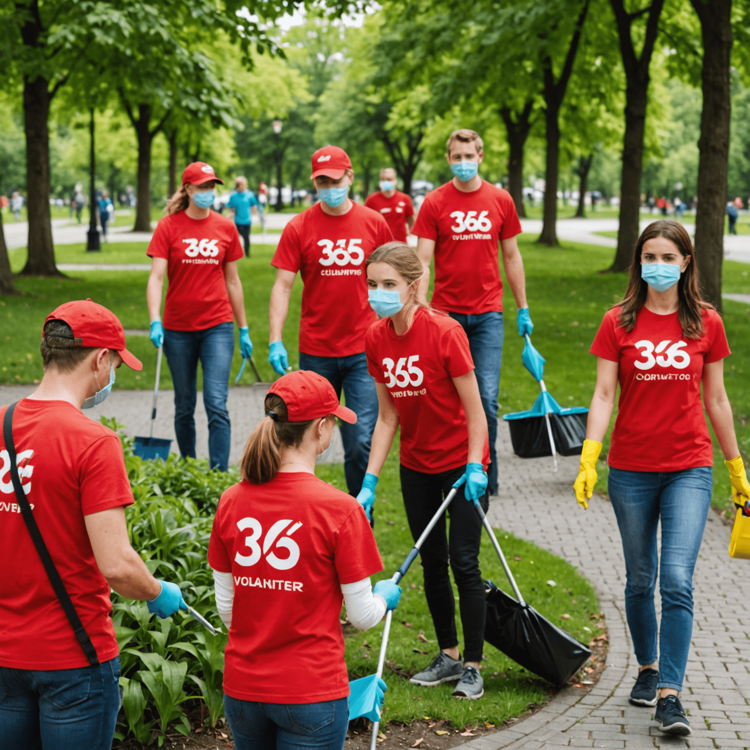 Skupina dobrovoľníkov v červených tričkách s logom 365 čistí mestský park